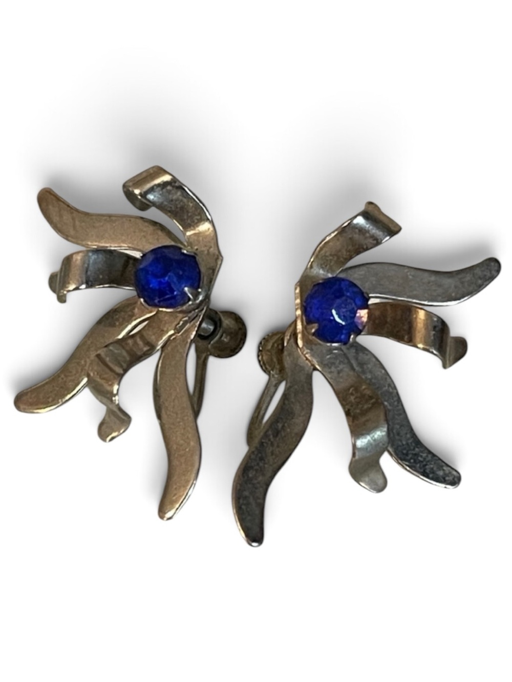 Mid-Century Silver Plated Blue Glass Rhinestone Sunburst Screw-back Earrings